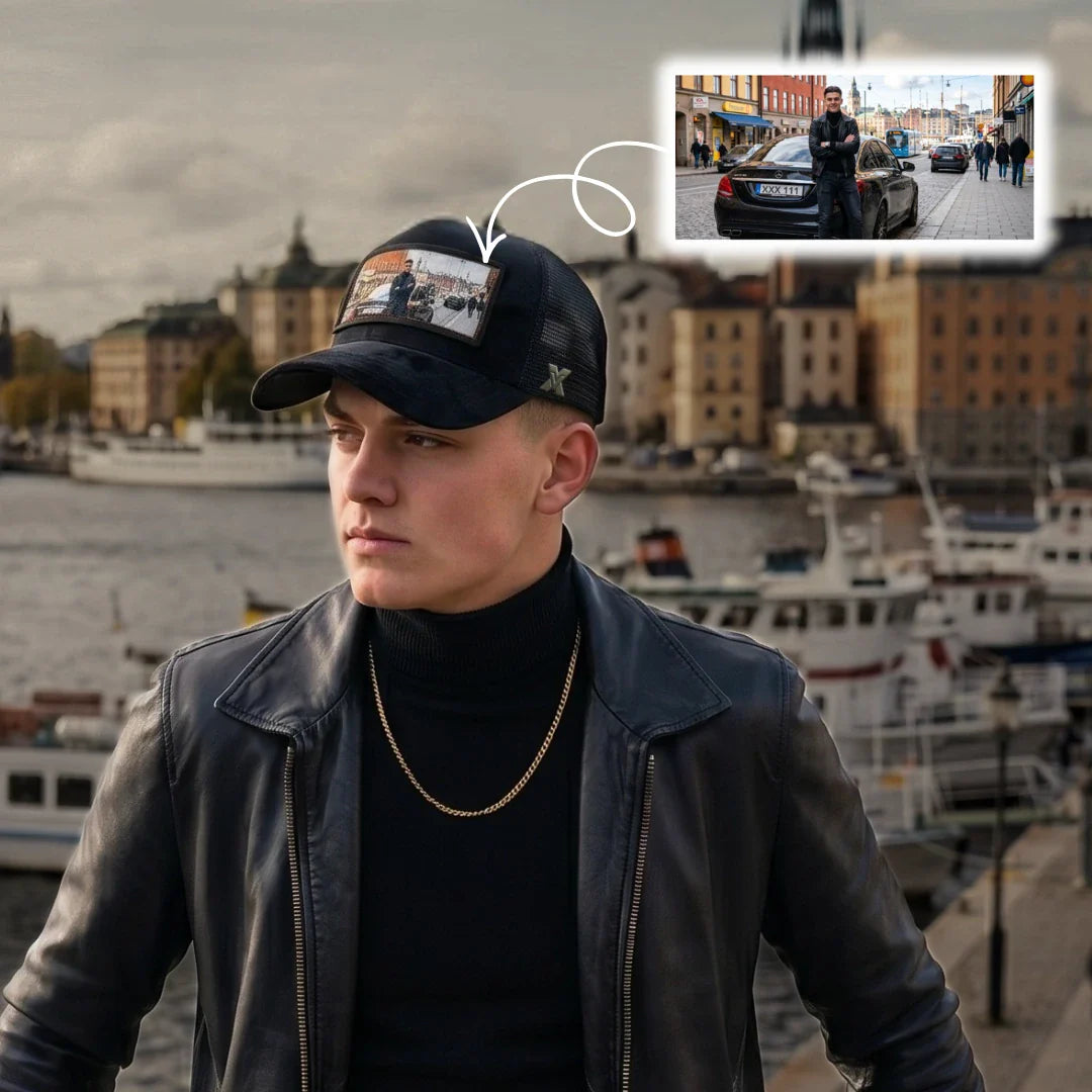 En man bär en exklusiv svart velvet truckerkeps från XVERA. På kepsens framsida finns en patch med ett personligt tryckt foto, som illustrerar hur du kan designa din egen keps med valfri bild.